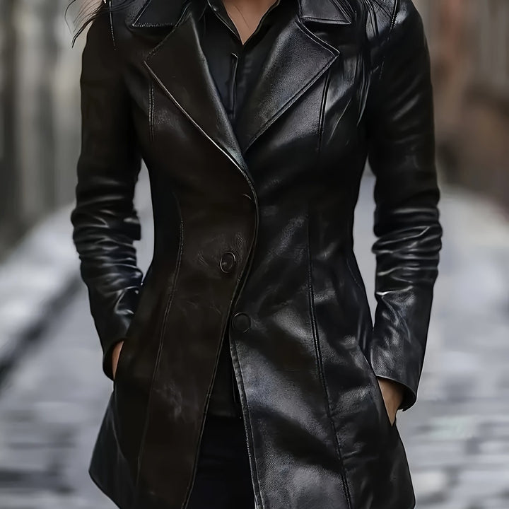 Cappotto nero sfiancato donna, midi con revers. Elegante e di moda, ideale per ogni outfit chic.