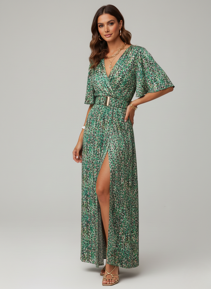 Elegante abito verde portafoglio da donna con spacco, vestibilità fluida, perfetto per eventi formali o serali.