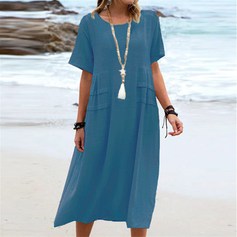 Abito midi donna ampio in cotone lino, casual ed elegante, traspirante, perfetto per l'estate.