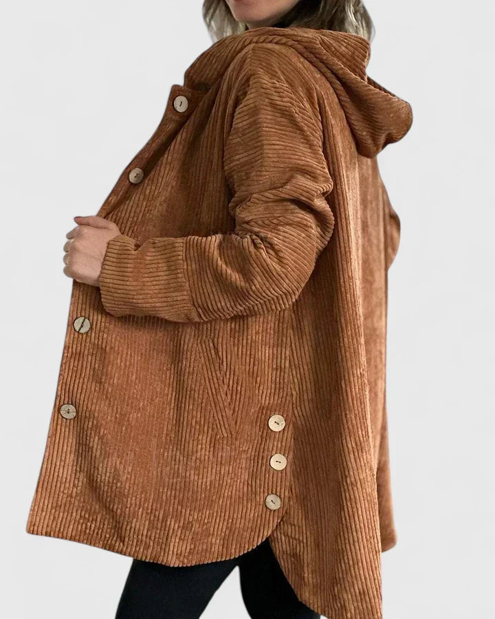 Comoda giacca donna casual in velluto con cappuccio, perfetta per la moda autunno inverno.