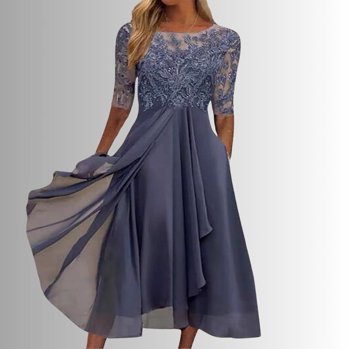 Abito da sera midi in pizzo disponibile in vari colori, gonna fluida. Eleganza versatile per donna.