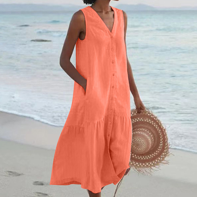Fresco abito estivo midi da donna con bottoni e tasche. Senza maniche, per un comfort estivo ottimale.