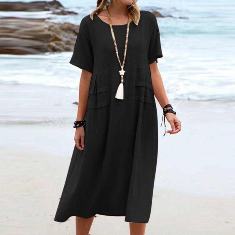 Vestito midi donna traspirante in cotone e lino, ampio e fresco, ideale per giornate estive e vacanze.