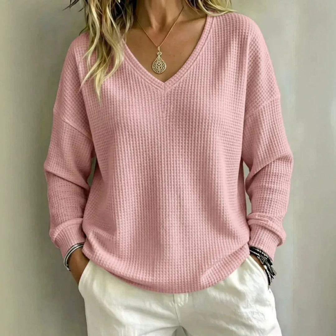 Top donna casual con scollo a V, pullover comodo per abbigliamento quotidiano e stile disinvolto.