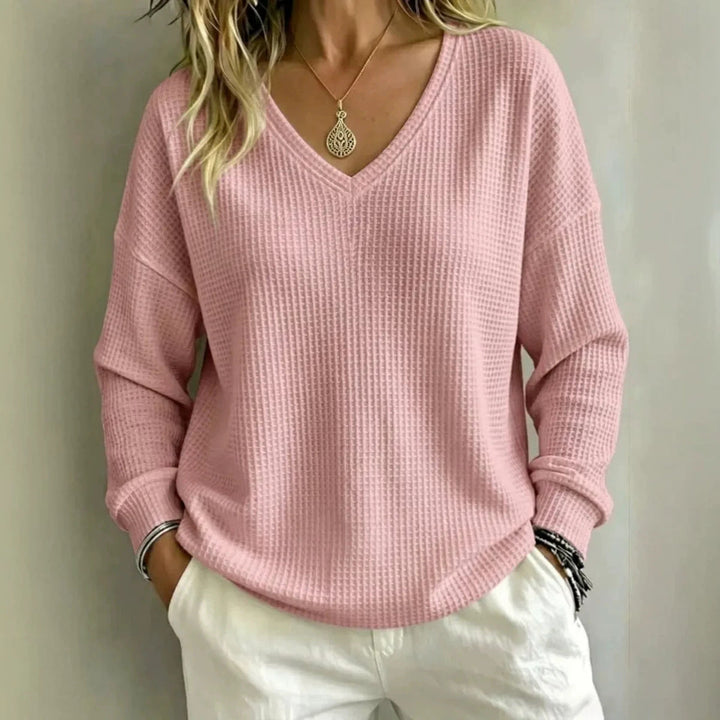 Top donna casual con scollo a V, pullover comodo per abbigliamento quotidiano e stile disinvolto.