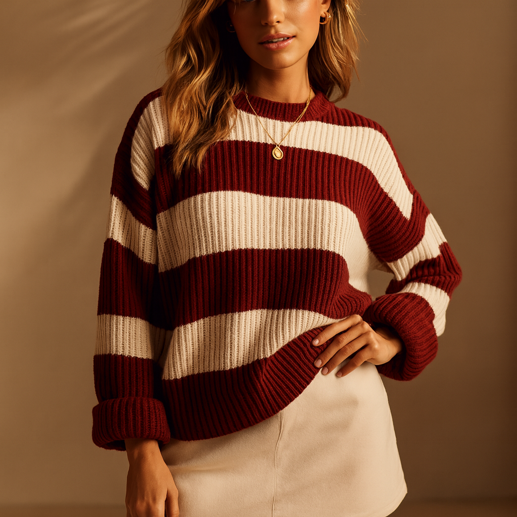 Maglione donna multicolore a righe orizzontali. Design confortevole, ideale per un look casual-chic.