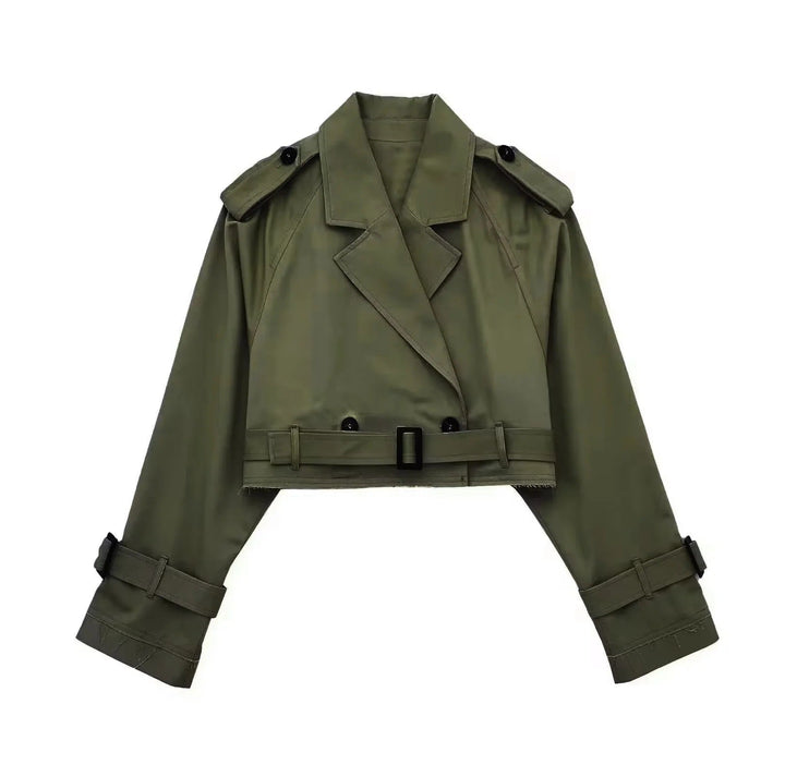 Giacca trench donna corta color beige, capospalla chic ideale per un look casual o formale.