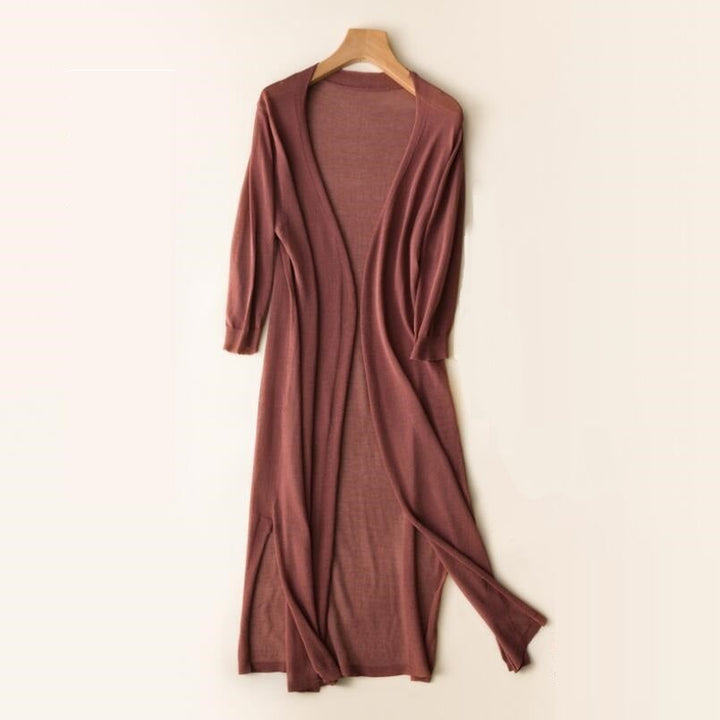 Cardigan primaverile lungo da donna, aperto, leggero, con maniche 3/4. Perfetto per la mezza stagione.