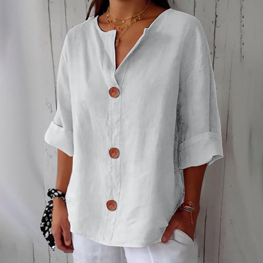 Blusa donna Gretel in lino traspirante, collo coreana, bottoni, ideale per un comfort estivo.
