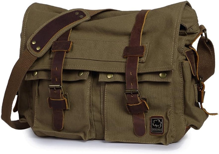 Elegante borsa laptop verde da uomo con tracolla regolabile, ideale per l'organizzazione lavorativa.
