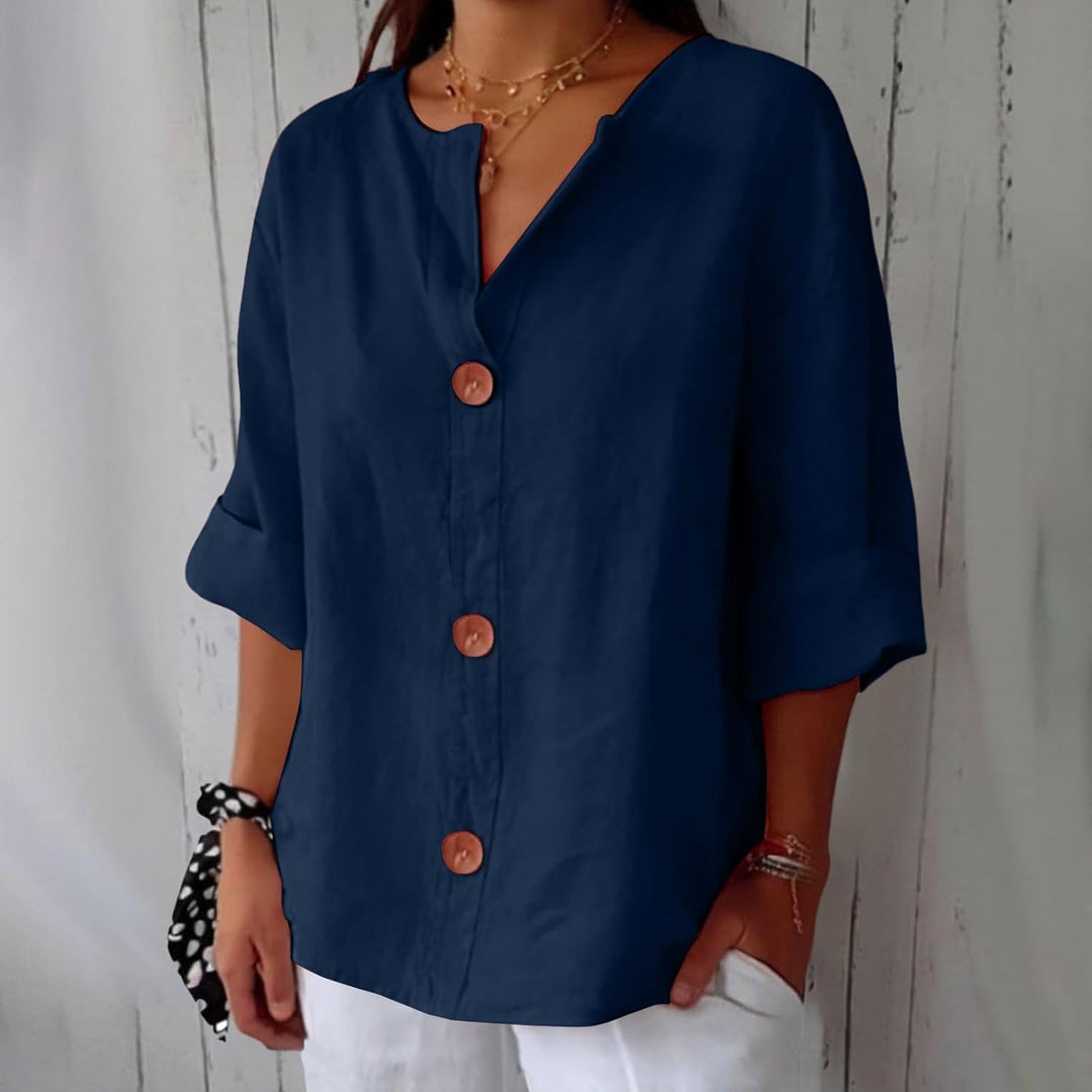 Blusa donna in lino, collo coreana e bottoni, versatile per look casual o più eleganti.