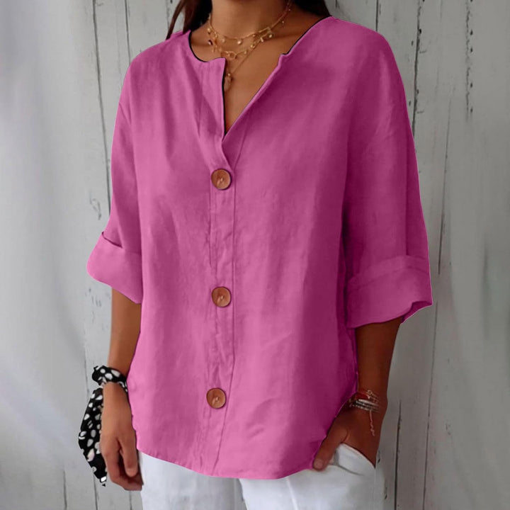 Blusa lino donna casual chic, collo coreana, bottoni, perfetta per outfit estivi alla moda.