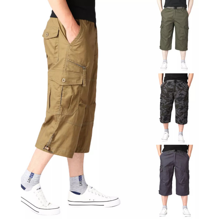 Moda uomo estiva: pantaloncini cargo multitasche, ideali per viaggio e avventura.