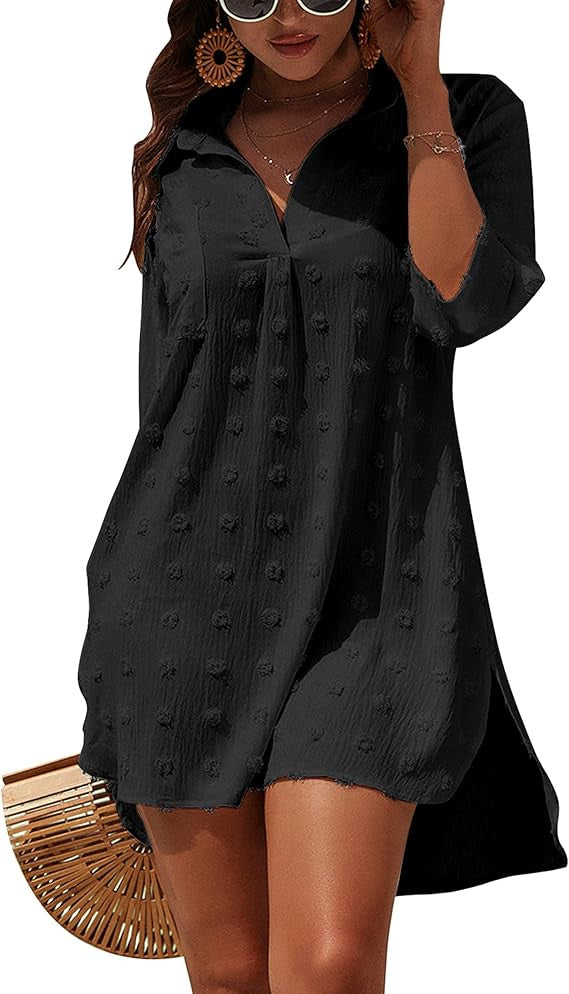 Abito donna estivo stile casual tinta unita, maniche a tre quarti. Ideale per la moda mare e la protezione dal sole.