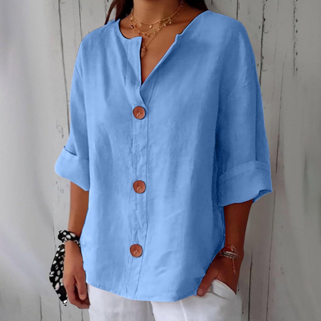 Camicia donna in lino per l'estate, stile casual elegante, perfetta per freschezza e comodità.
