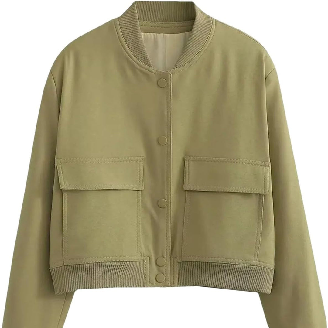 Bomber casual autunnale da donna, con colletto a revers e tasche. Perfetto per un look quotidiano.