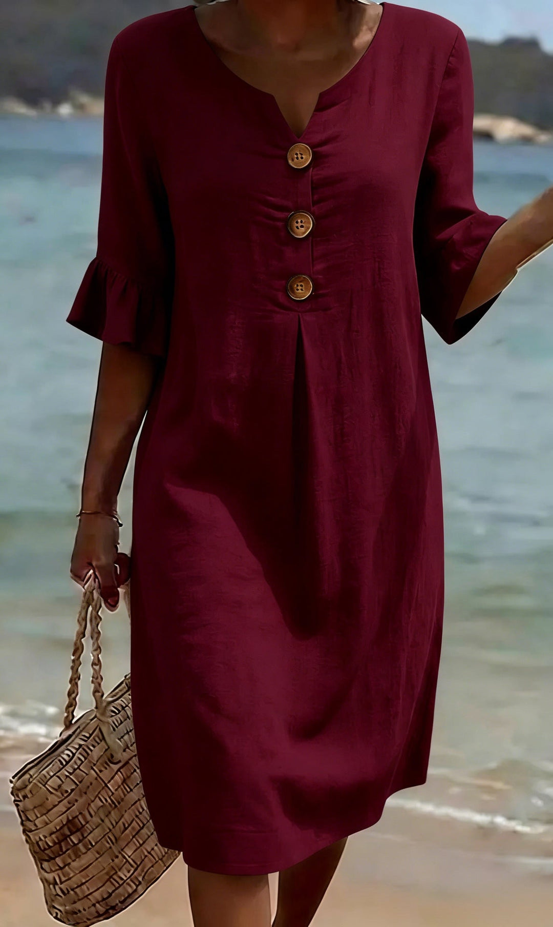 Vestito estivo donna elegante e casual in cotone lino, bottoni, ideale per vacanze e occasioni estive.