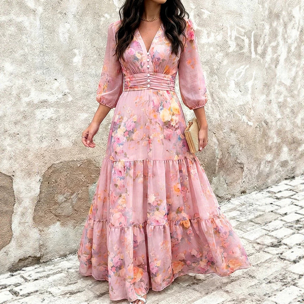 Abito femminile da cerimonia con volant, maniche 3/4, ideale per eventi eleganti estivi.