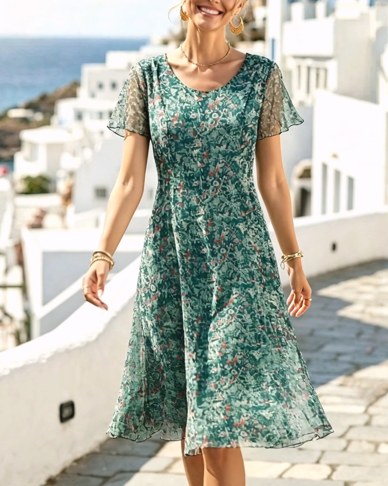 Modello di vestito A-line floreale estivo con maniche corte, per uno stile casual chic.