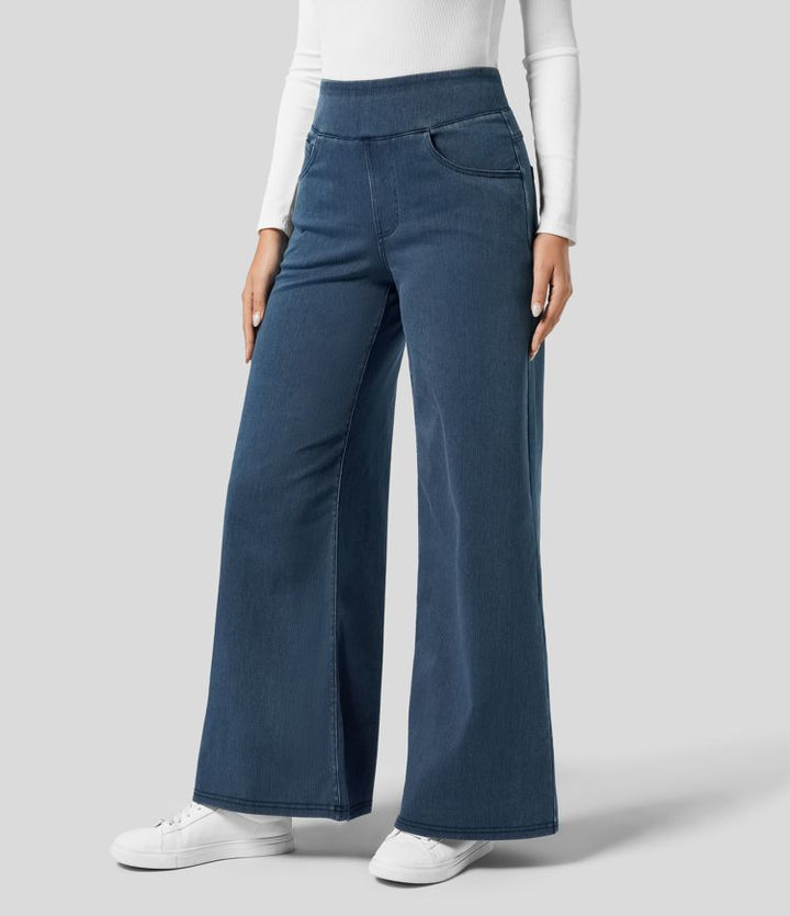 Pantaloni donna jeans blu con vita alta che snellisce la figura. Vestibilità elastica e comoda per ogni giorno.