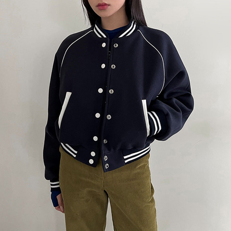 Giacca donna baseball patchwork stile varsity per autunno inverno. Look casual e alla moda.