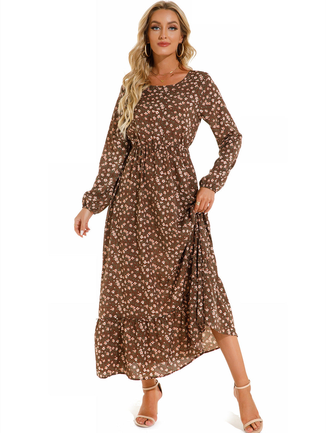 Vestito donna lungo con stampa floreale, scollo rotondo, stile femminile per primavera/estate.