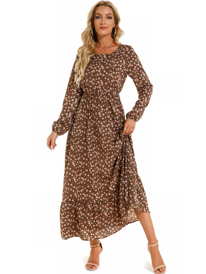 Vestito donna lungo con stampa floreale, scollo rotondo, stile femminile per primavera/estate.