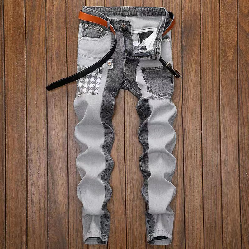 Jeans grigi uomo slim fit skinny elasticizzati con taglio ritagliato, vestibilità confortevole e stile moderno.