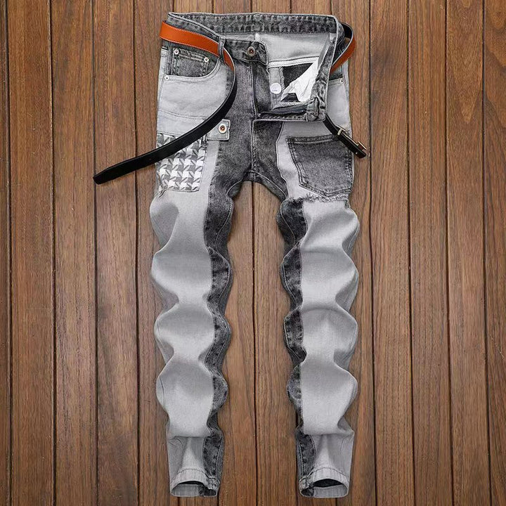 Jeans grigi uomo slim fit skinny elasticizzati con taglio ritagliato, vestibilità confortevole e stile moderno.