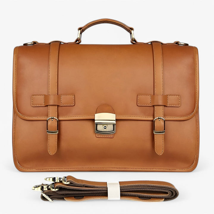 Borsa portadocumenti unisex elegante marrone con patta e tracolla. Ideale per lavoro e viaggio.