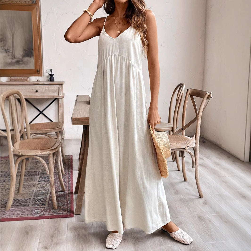 Abito lungo donna albicocca fluida, senza spalline, linea ad A, leggero e confortevole per l'estate.
