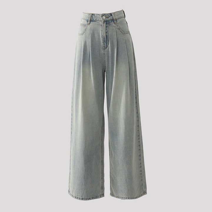 Jeans donna vita alta gamba larga retrò blu scuro, stile casual e alla moda.