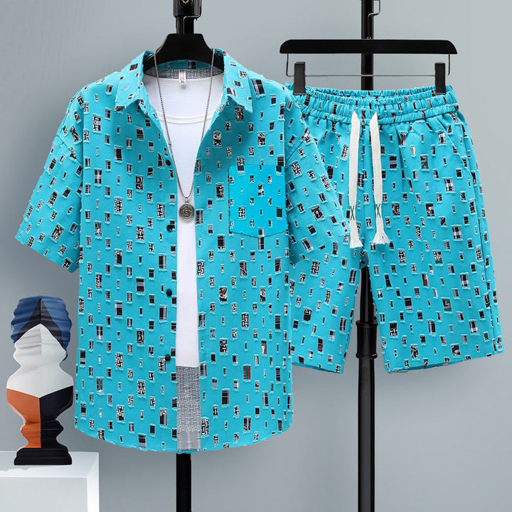 Set da uomo maglietta e shorts con fantasia, comodo e fresco per le vacanze al mare e il tempo libero.