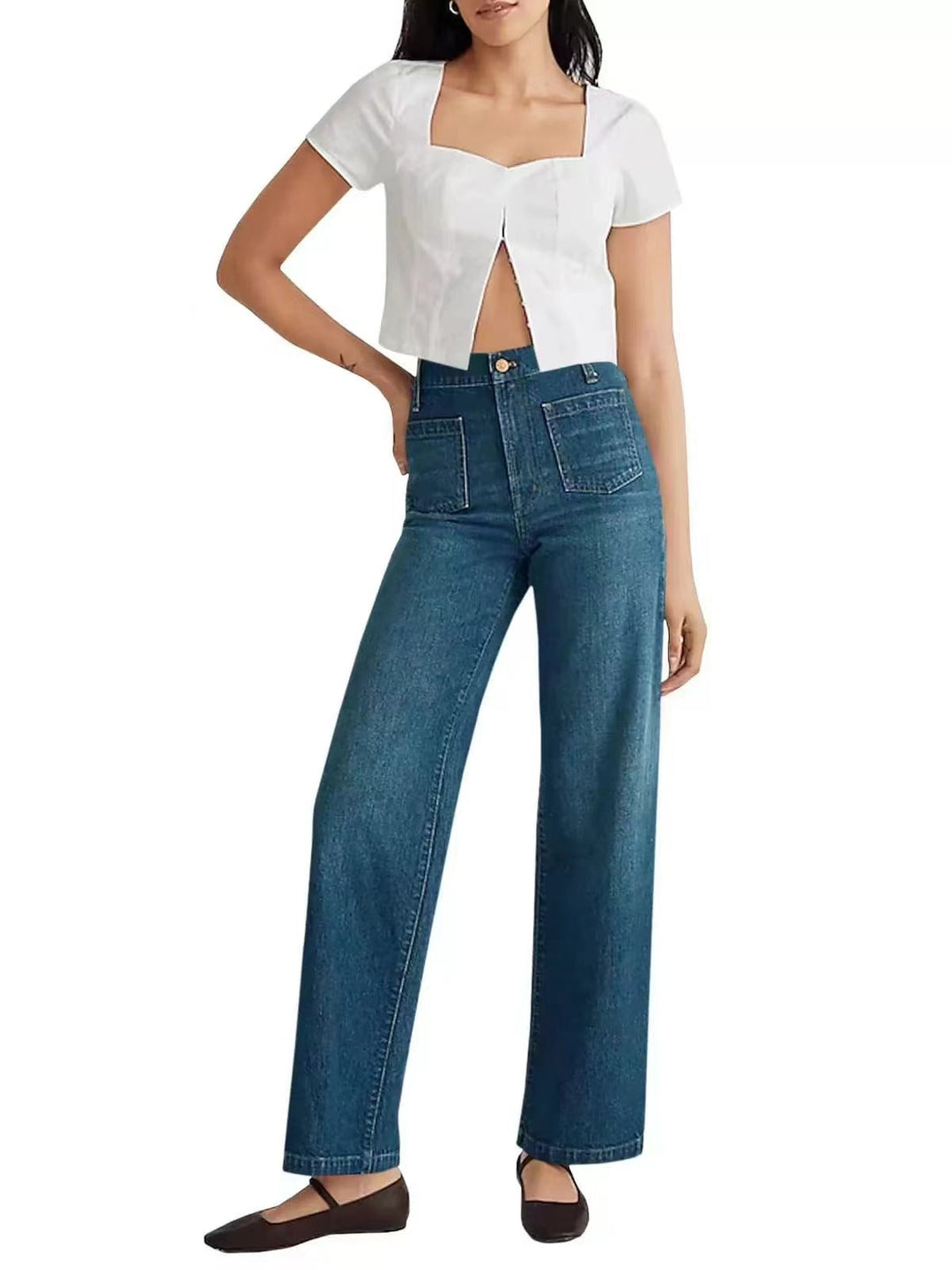 Jeans donna larghi e strappati a vita alta, blu, con dettagli rovinati e tasche ampie, moda casual.