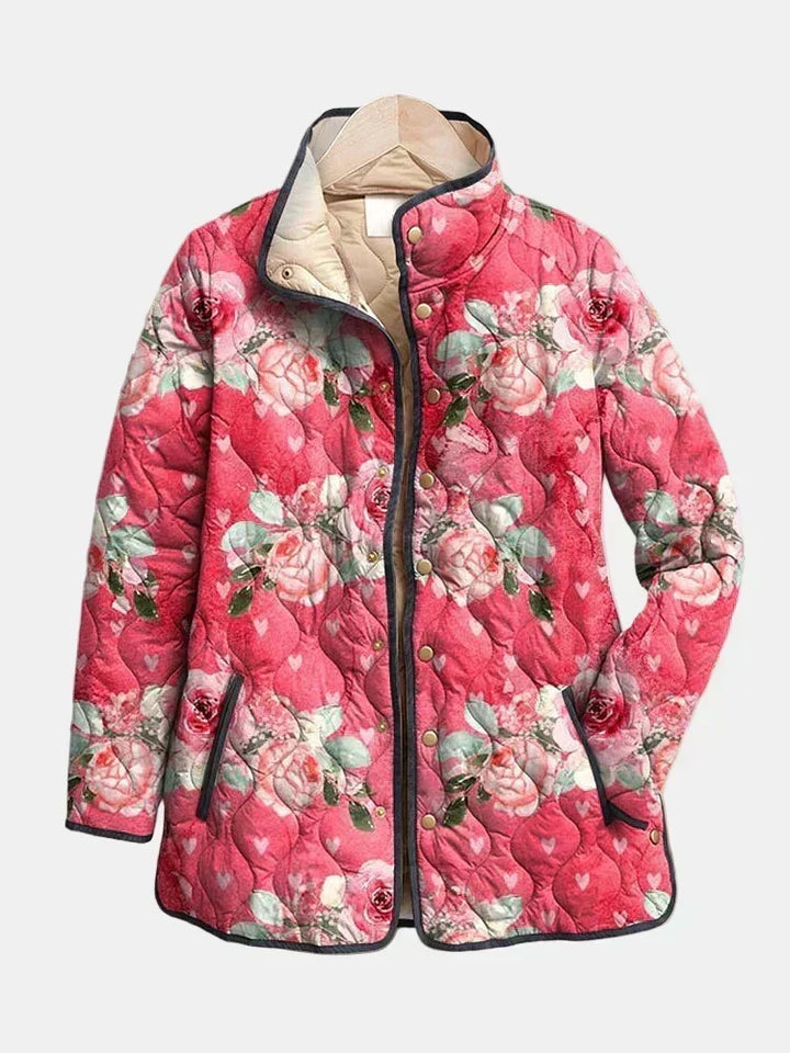 Giacca chic da donna, trapuntata floreale, con bottoni, ideale per look casual.