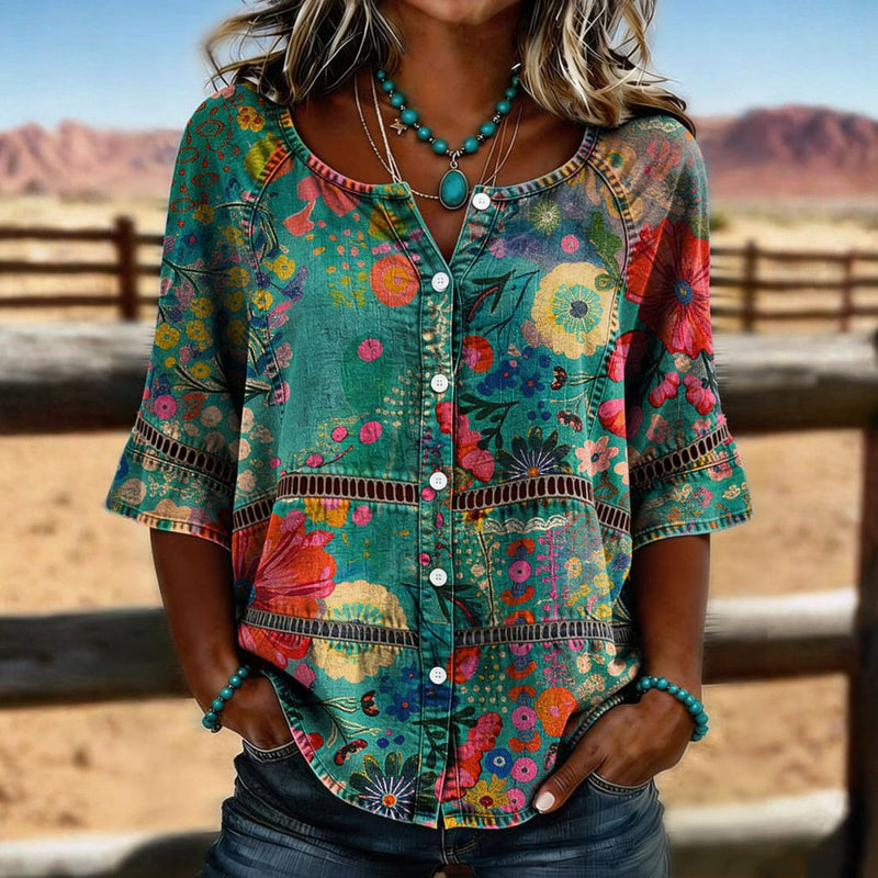 Chemisier donna vintage floreale in cotone, con bottoni, ideale per primavera ed estate. Stile casual e comodo.