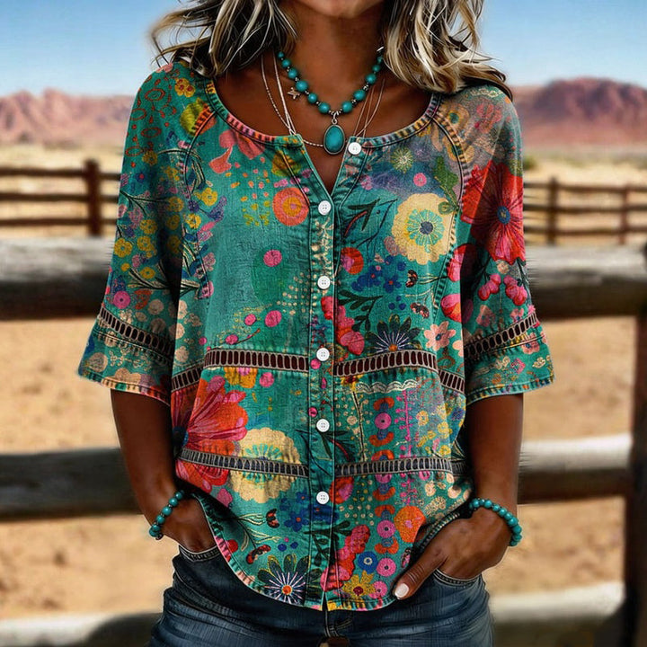 Chemisier donna vintage floreale in cotone, con bottoni, ideale per primavera ed estate. Stile casual e comodo.