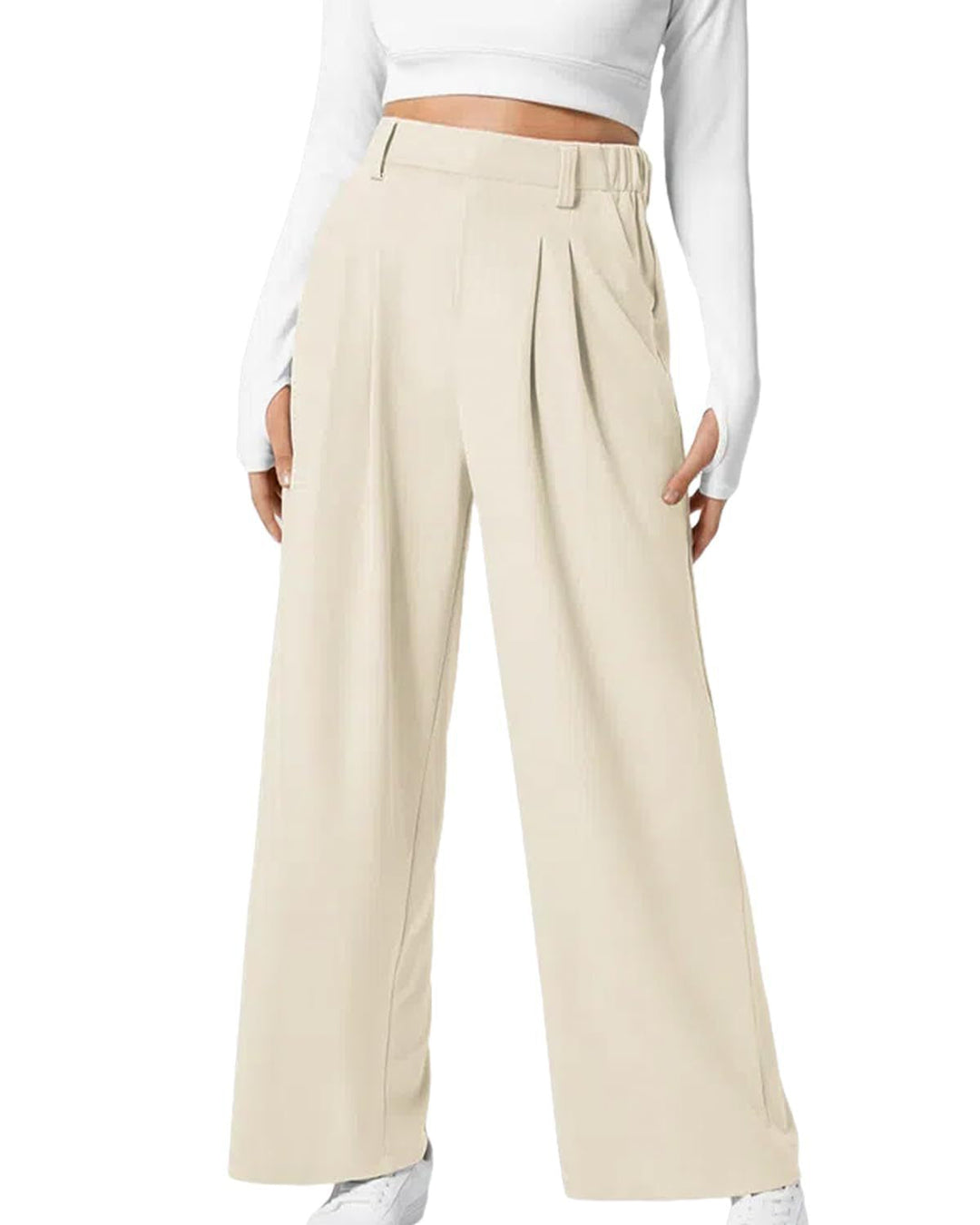 Pantaloni donna eleganti a vita alta, gamba ampia, in morbido tessuto waffle. Perfetti per un look casual chic.