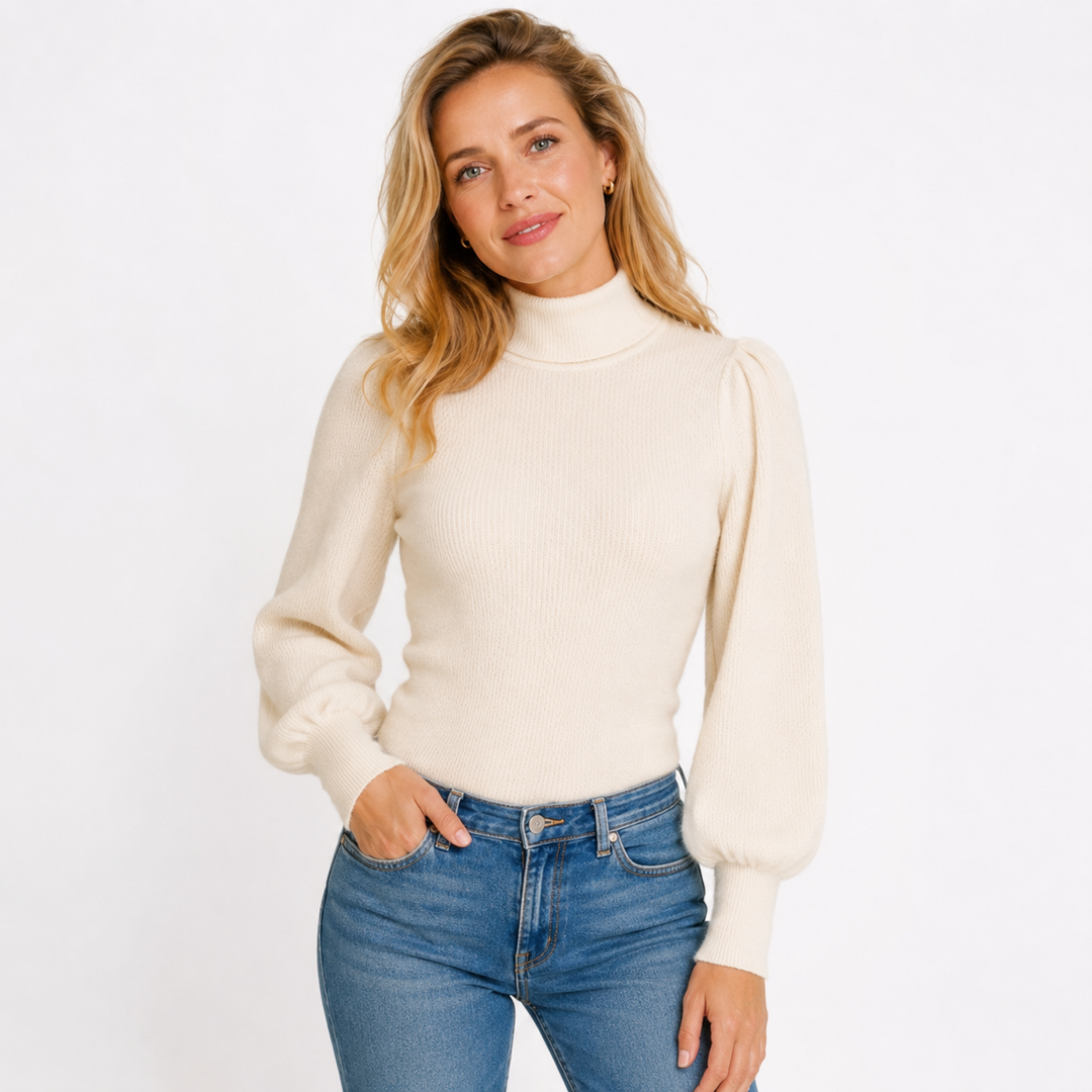 Maglione da donna bianco morbido ed elegante con maniche a sbuffo, perfetto per la moda femminile e lo stile ufficio.