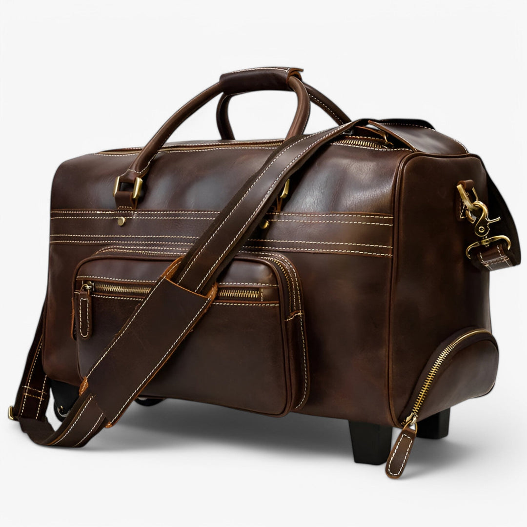 Elegante valigia trolley marrone unisex da 55 cm, ideale per viaggi in cabina, resistente e funzionale.