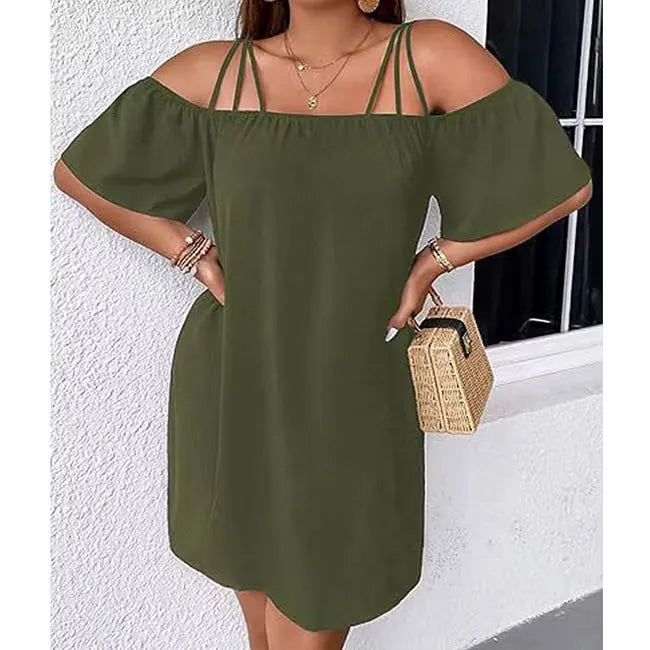 Abito mini donna elegante e versatile, con spalle scoperte e spalline sottili, per ogni occasione estiva.