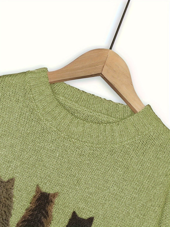 Maglione blu donna, oversize, con divertenti gatti. Girocollo per massimo comfort casual.