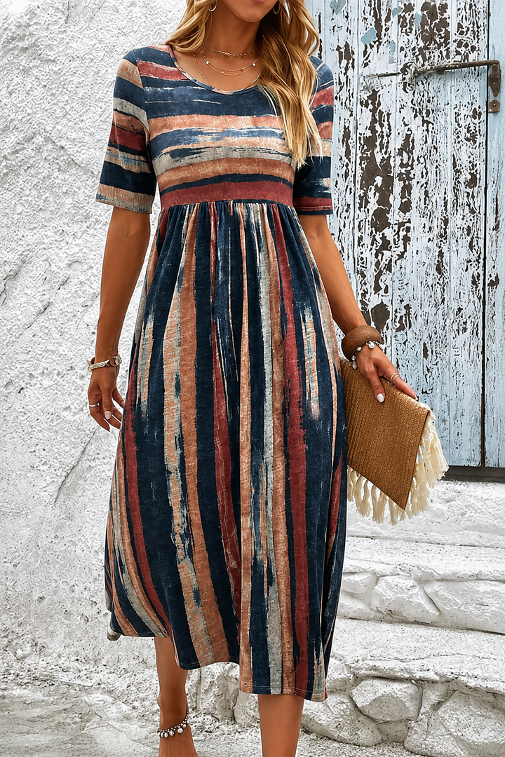 Abito midi Marloes da donna a righe, vestito chic casual con effetto contenitivo per eleganza quotidiana.