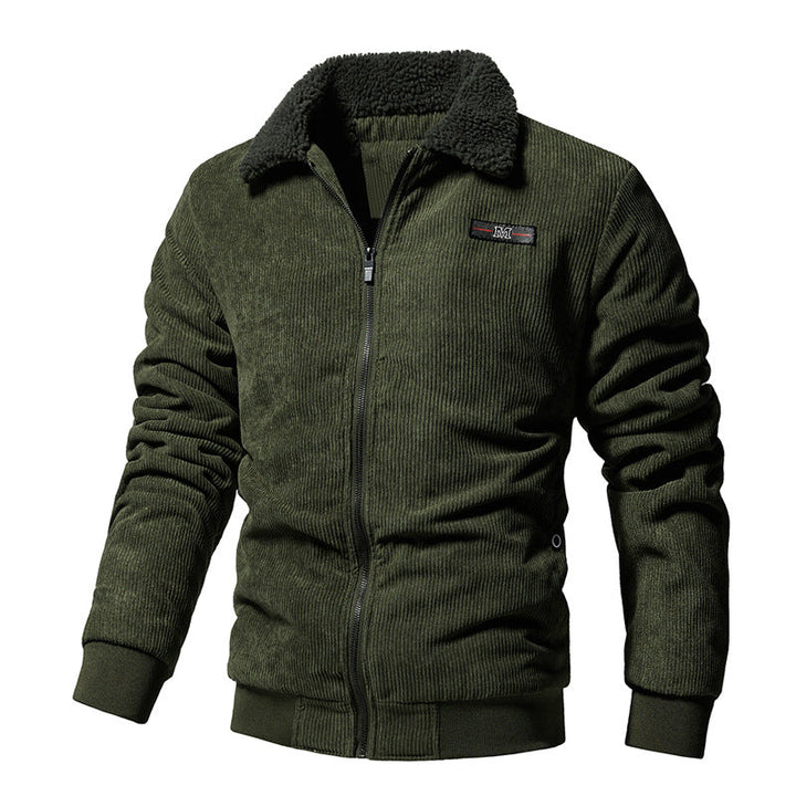Giacca invernale uomo in velluto a coste con collo sherpa, calda e robusta per look casual ed elegante.