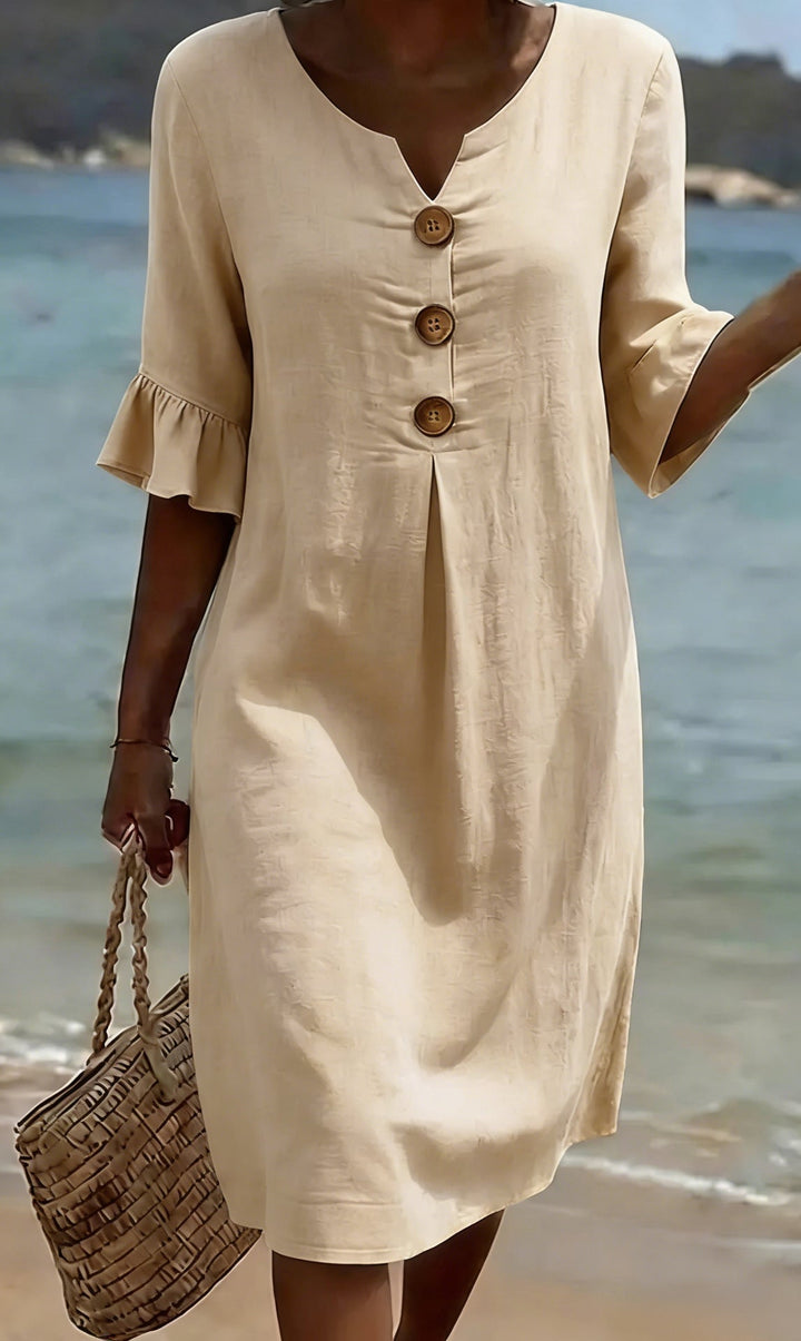 Abito donna stile boho chic in cotone lino, lunghezza midi, maniche 3/4, con bottoni. Comodo e leggero.