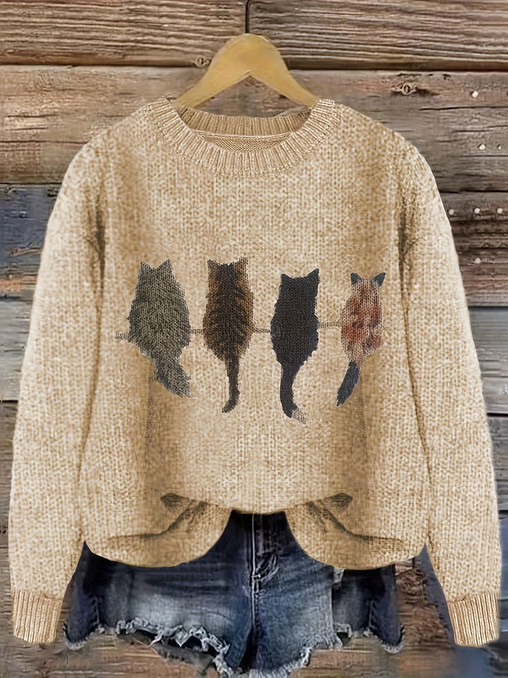 Maglione marrone scuro donna, oversize, gatti. Girocollo e comfort per stile casual.