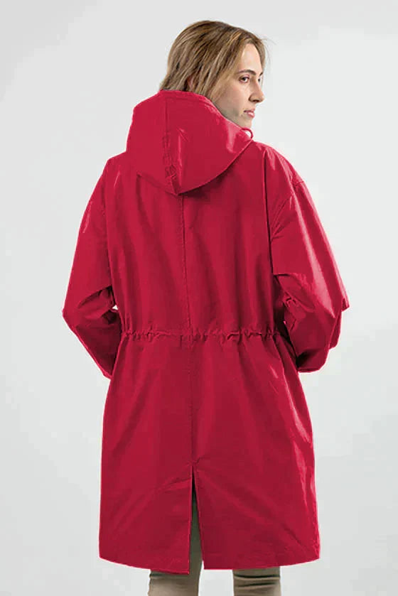 Giacca donna antipioggia, materiale impermeabile oversize, con cappuccio, per ogni condizione.