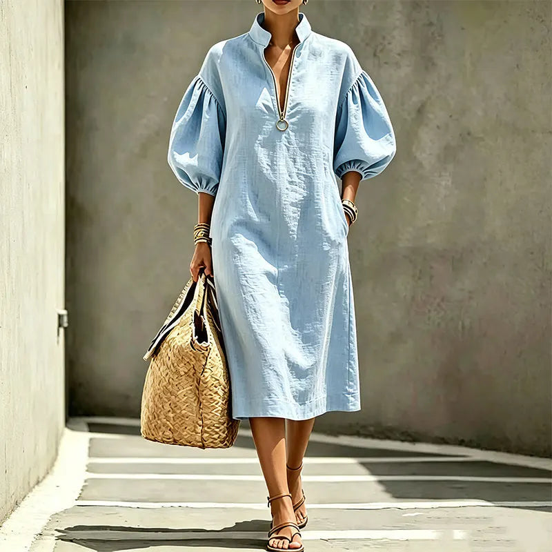 Abito midi donna A-line elegante con maniche a sbuffo e zip, perfetto per primavera/autunno.