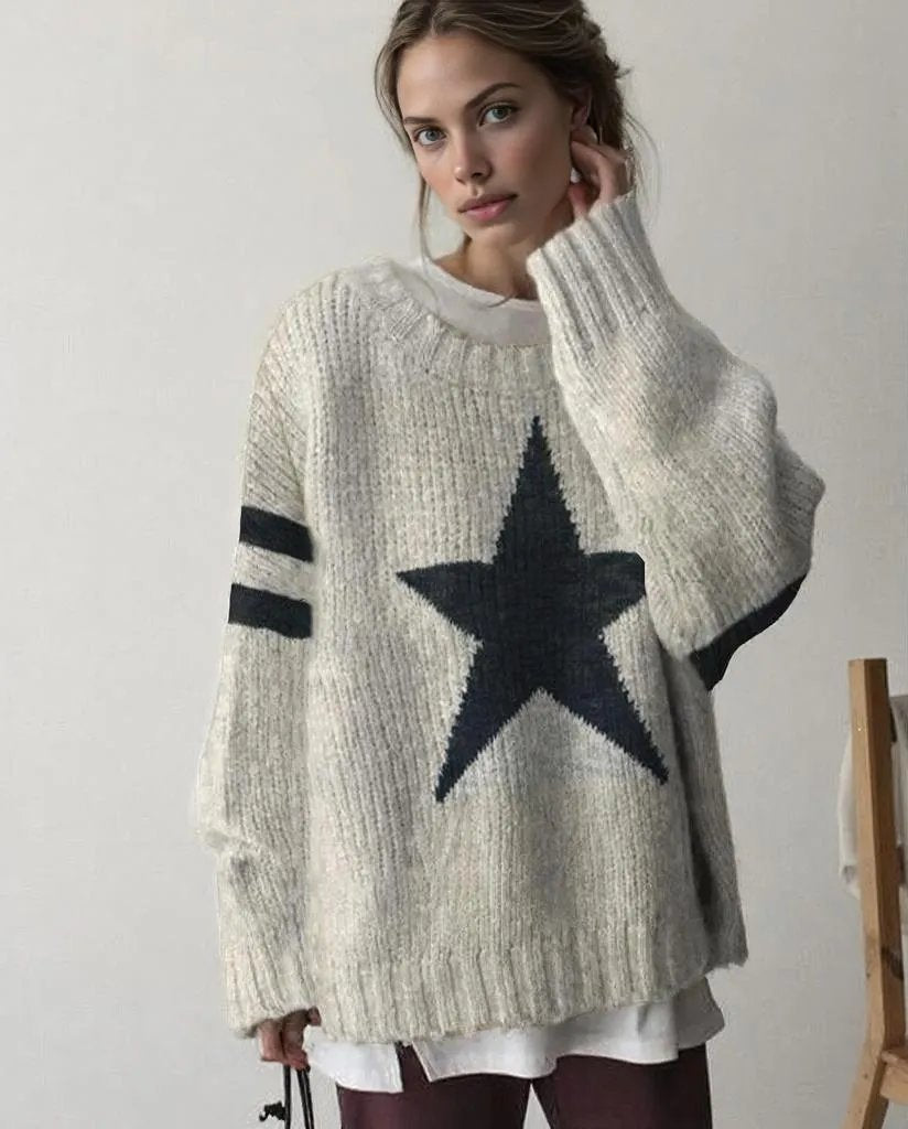 Maglione oversize donna a girocollo in maglieria, ideale per un comfort avvolgente e stile casual autunno/inverno.