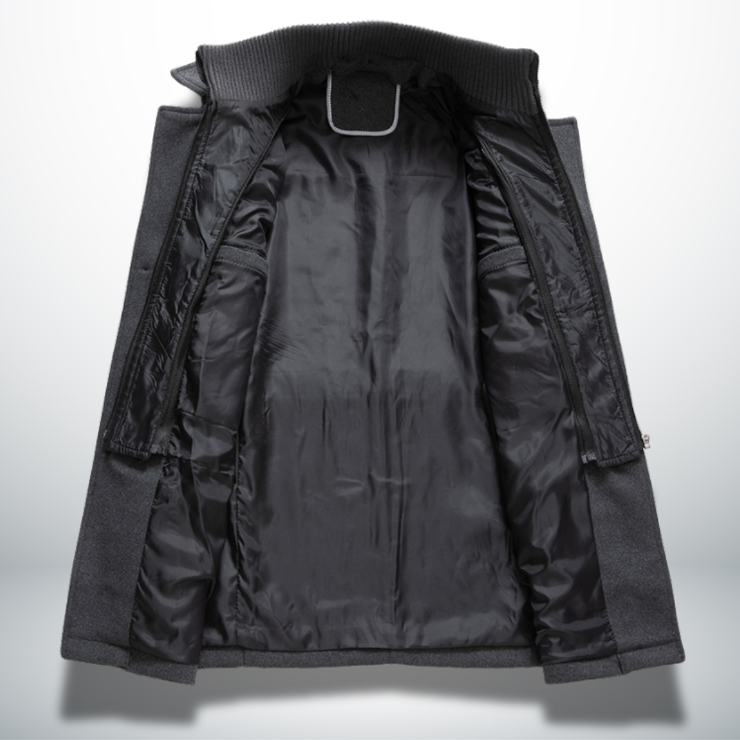 Cappotto uomo elegante taglie forti, doppio collo e zip, stile classico per comfort invernale.